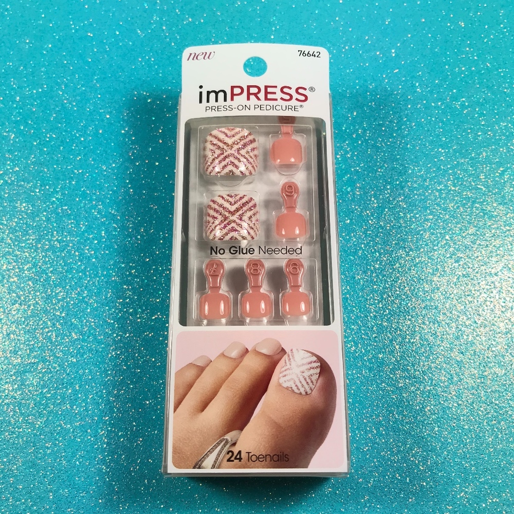 Kiss Nails Impress Press On Pedicure Pink Glitter